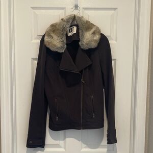 Kut from the Kloth Dark Brown Moto Jacket with Faux Fur Removable Collar